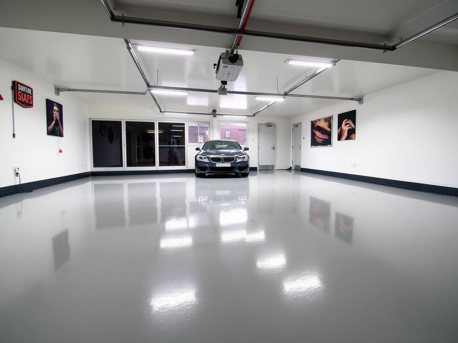 Epoxy garage floor with flake finish.